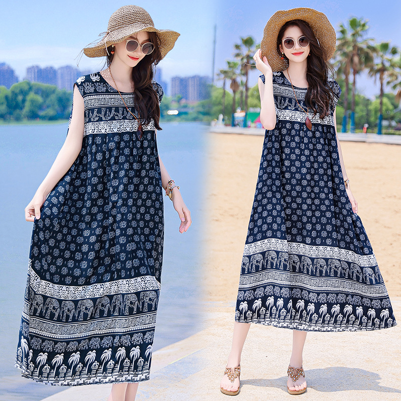 2025 New Cross-Border Plus Size Bohemian Beach Long Cotton Floral Women's Summer Dress_ecoleips.com
