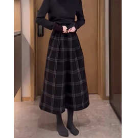 秋冬加厚新款高腰时尚洋气格子休闲裤女毛呢厚款宽松阔腿裤子