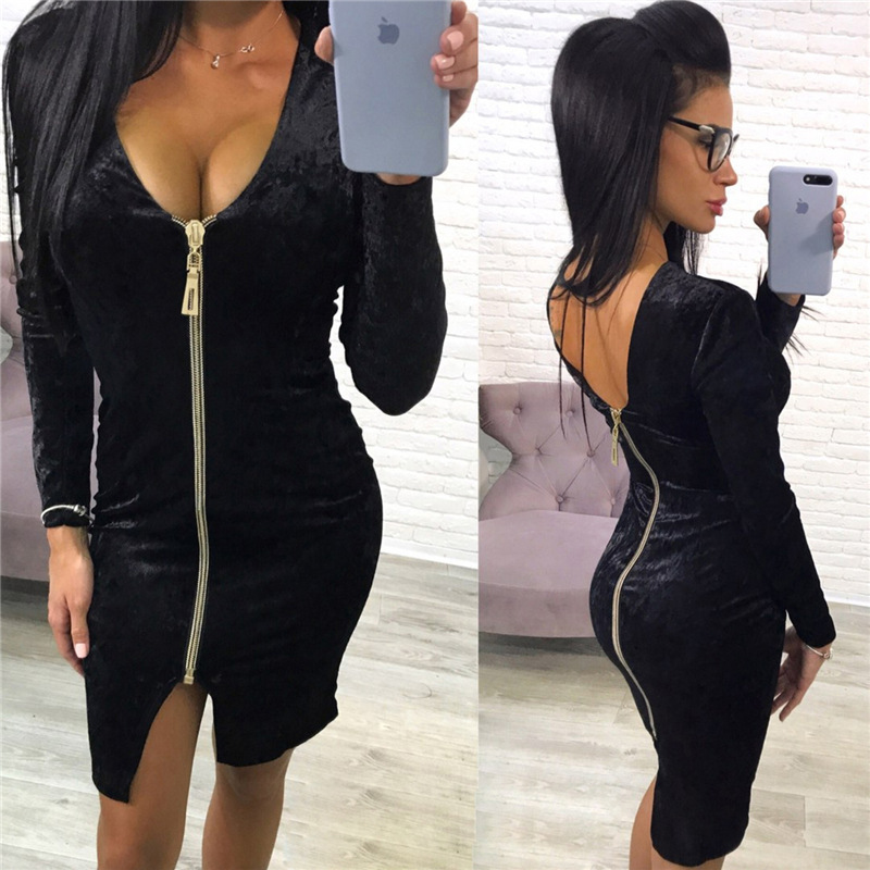 V-neck Hip Mini Diamondmax Velvet Zip Dress