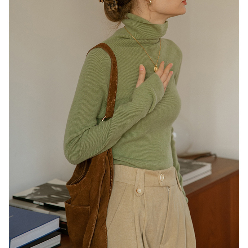 Seamless High-Neck Green Knitted Bottoming Shirt for Women in Autumn and Winter Slim-Fitting Inner Sweater Long-Sleeved Versatile Pile Collar Top