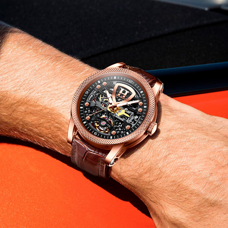 Đồng hồ nam Automatic Skeleton lộ máy phát quang chống nước Hymer — Thắt lưng cà phê mặt đen vỏ hồng, Vỏ đen mặt đen Thắt lưng đen, Vỏ Bạc mặt đen đai đen