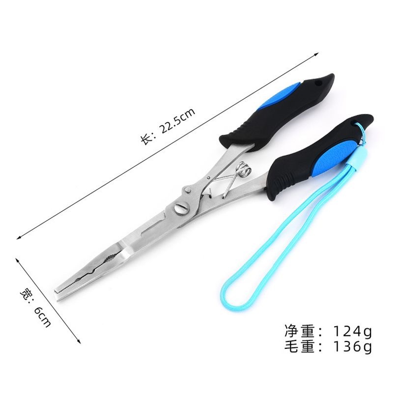 Stainless steel fishing pliers with extended angled jaws, fishing line cutter, lure opener, hook remover, multi-functional pliers