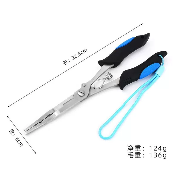 Stainless steel fishing pliers with extended angled jaws, fishing line cutter, lure opener, hook remover, multi-functional pliers