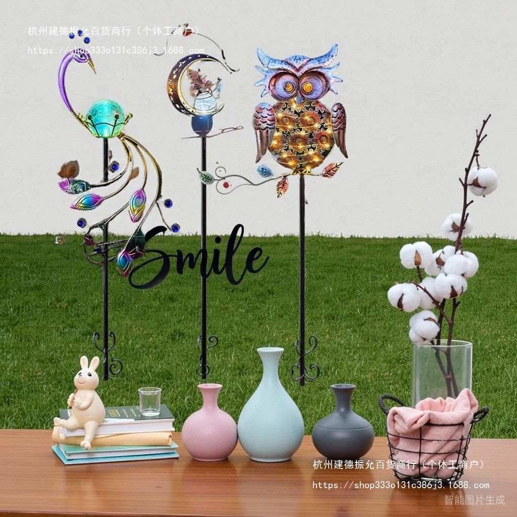 Солнечная лампа "Железная луна" в виде павлина для украшения сада, двора, лужайки, с изображением совы, наземный светильник