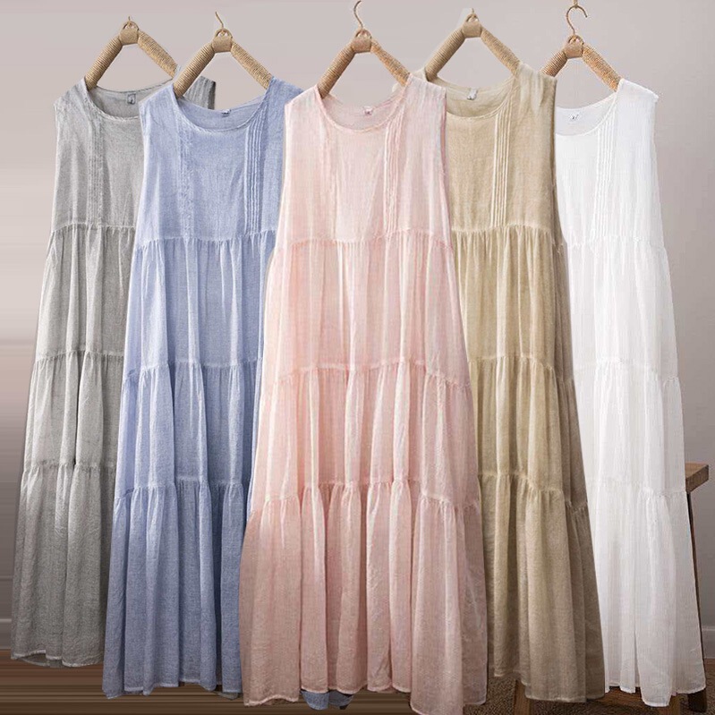 Sleeveless Cotton and Linen Dress 2026 Summer New Artistic Style Solid Color Round Neck Pleated Mid-Length Linen Base Dress Sleeveless Cotton and Linen Dress 2026 Summer New Artistic Style Solid Color Round Neck Pleated Mid-Length Linen Base Dress
