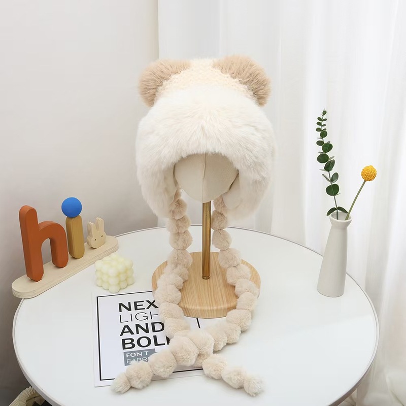 冬の女性用のかわいいクマのぬいぐるみ帽子、厚くて暖かい、顔が見える小さな耳保護帽子、甘くて多用途な防寒雷峰帽子|undefined
