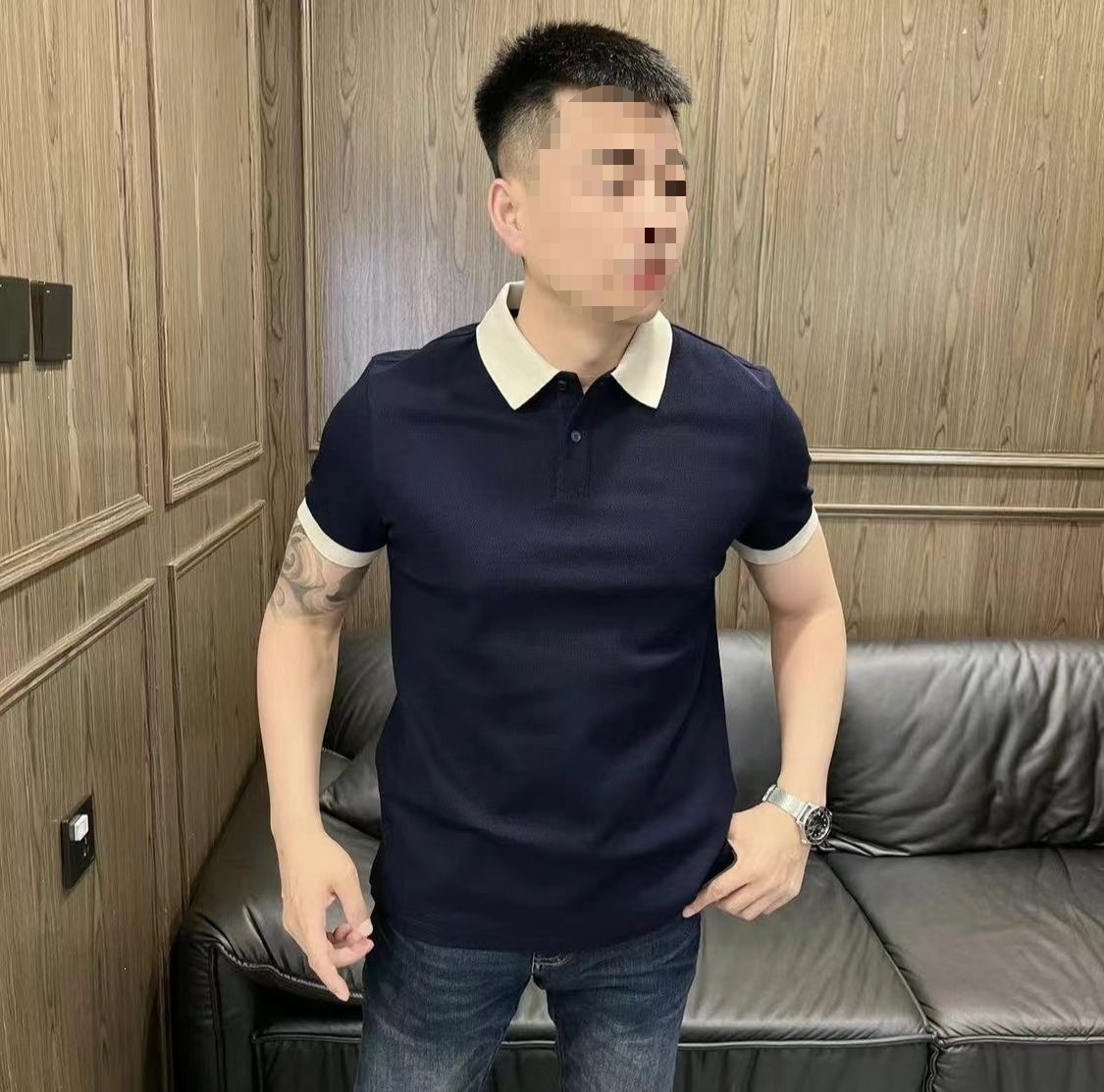 Áo polo nam tay ngắn cổ bẻ phối màu thời trang hè 2026 — màu đen, màu ô liu xanh, màu cam, Xanh lông mòng đen chi tiết 7