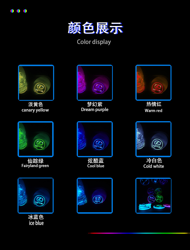 Car Luminous Water Cup Mat USB Charging Seven-Color Led Non-Slip Cup Mat Car Accessories Car Interior Atmosphere Light