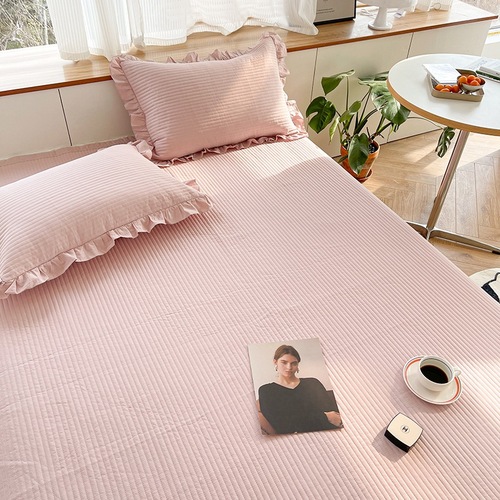 Korean Pure Cotton Bed Set Three-Piece Set Solid Color Washed Cotton Quilted Cover All-Cotton Simple Bed Sheet Tatami Cover