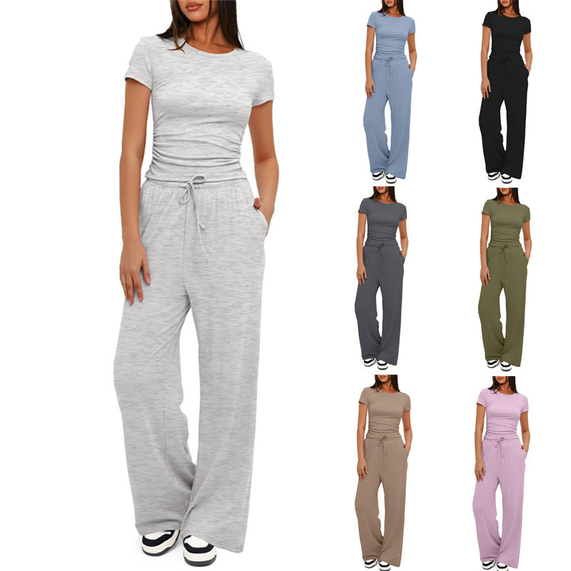 2024 European and American Amazon Solid Color Casual Set with Ruffled Short-Sleeve Top and High-Waisted Wide-Leg Pants, Comfortable and Casual