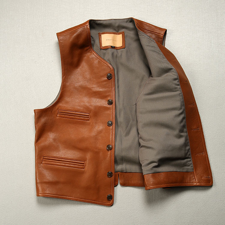 Description Picture 3 of item2024 Spring Autumn Men New Streetwear Real Leather Vest Male V-neck Sleeveless Coats Men Genuine Sheepskin Casual Waistcoat