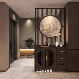 鞋柜新中式入户一体屏风客厅隔断柜实木靠墙家用玄关柜进门遮挡柜