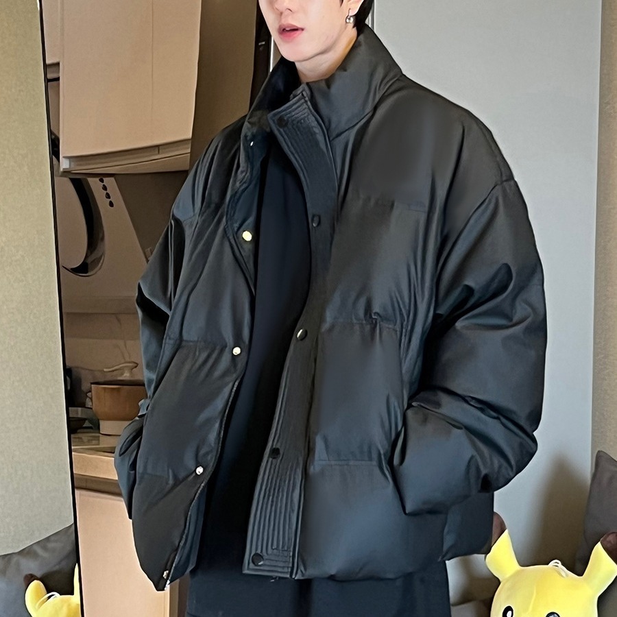 Cuero DE LA PU de algodón acolchado abrigo hombres American High Street marca de moda suelta gruesa chaqueta caliente corto a prueba de viento de cuello alto abrigo de pan casual