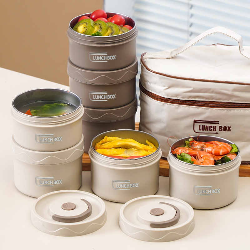 Cross-border Hot Sale 304 Stainless Steel Insulated Lunch Box Microwave Oven Japanese-style Student Double-layer Lid Round Lunch Box