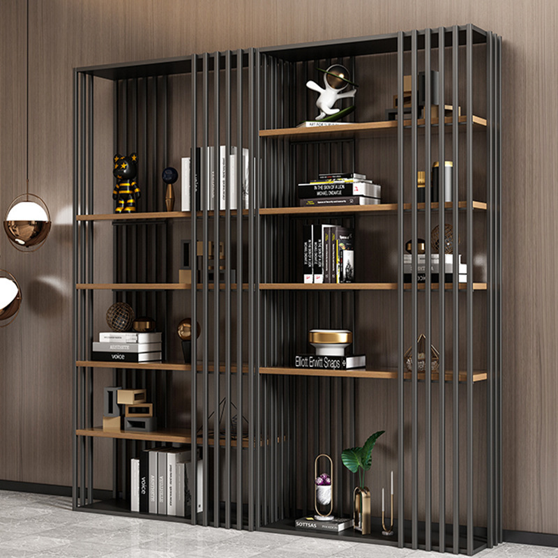 Modern Simple Solid Wood Floor Bookshelf Iron Office Partition Cabinet Model Room Storage Rack Industrial Style Display Rack