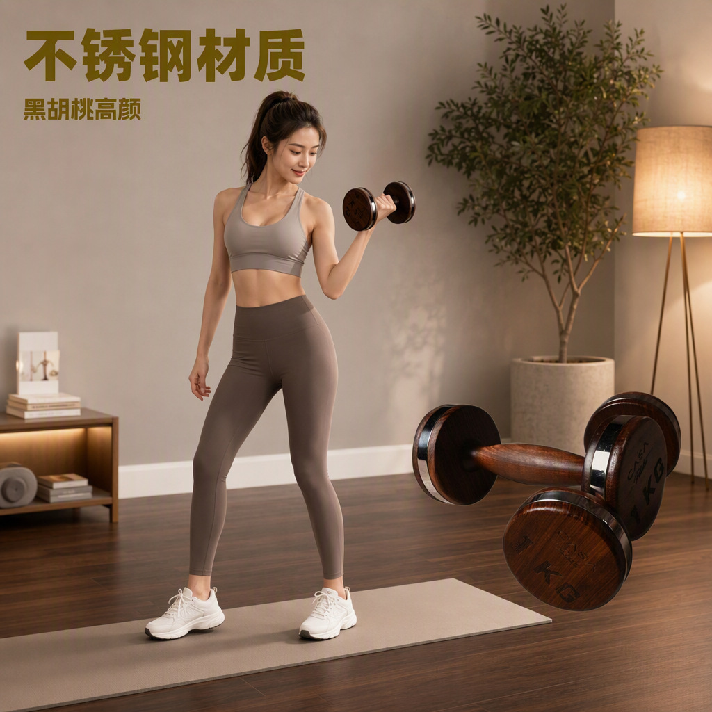 Wooden Dumbbells, Walnut Dumbbells, Light Luxury Stainless Steel Small Dumbbells, High-End Dumbbells for Home Use