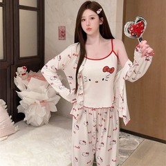 睡衣女春秋莫代尔棉蝴蝶凯蒂猫印花吊带长袖三件套装家居服加胸棉