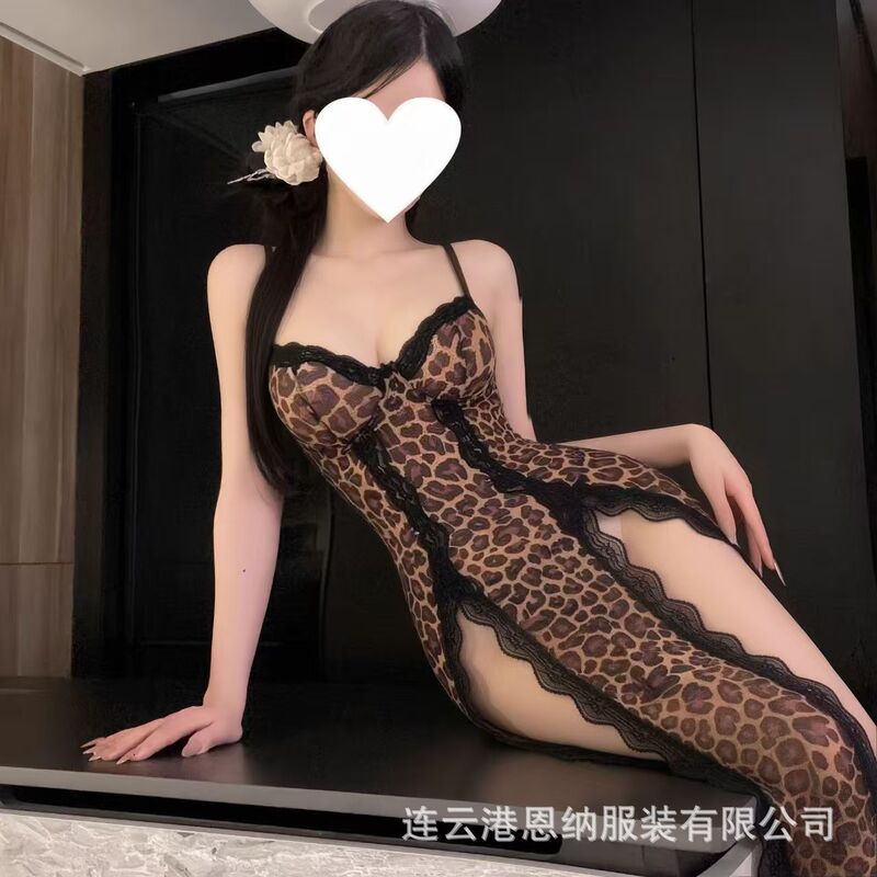 New Hot and Passionate Plus-Size Sexy Leopard Print Lace Mesh See-Through Nightgown with Slit and Straps, Erotic Lingerie