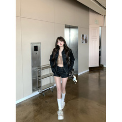 kumikumi设计感翻领拉链长袖外套女秋季高腰显瘦牛仔裤短裤两件套