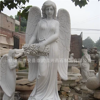 厂家定制汉白玉手捧玫瑰天使石雕 欧美大理石天使雕像