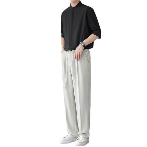 New Chinese-style stand-neck mid-sleeve shirt for men in early spring new niche shirt with ice silk hanging mid-sleeve shirt white