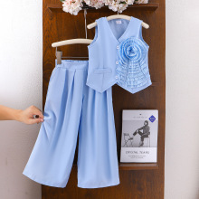 外贸跨境欧美夏季热销女童套装小童花朵装饰无袖上衣长裤西装套装