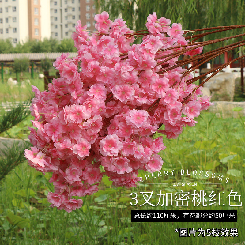 Ramas de Sakura con flores artificiales de tres puntas para decoración de interiores y exteriores en centros comerciales, ramas de flores de seda con enredaderas de cuatro puntas y tallos extendidos.