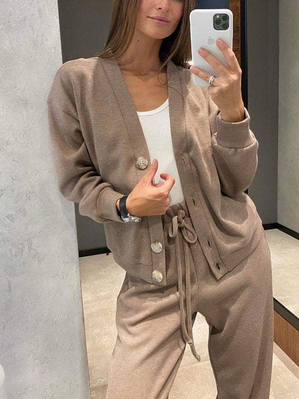 Women's Pant Sets Casual Comfortable Jacket Cardigan Tracksuit Set_voghion.com