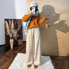 新款山羊绒白色高腰休闲裤加绒裤子女冬时髦百搭韩版运动阔腿裤