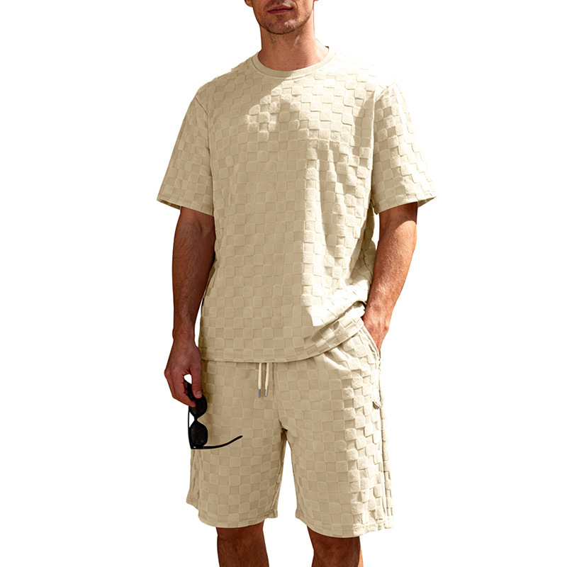Muscle Doctor Men's Summer Jacquard Checkered Short Sleeve T-Shirt & Shorts Set, Loose Fit High Street Casual Outfit_viptrois.com