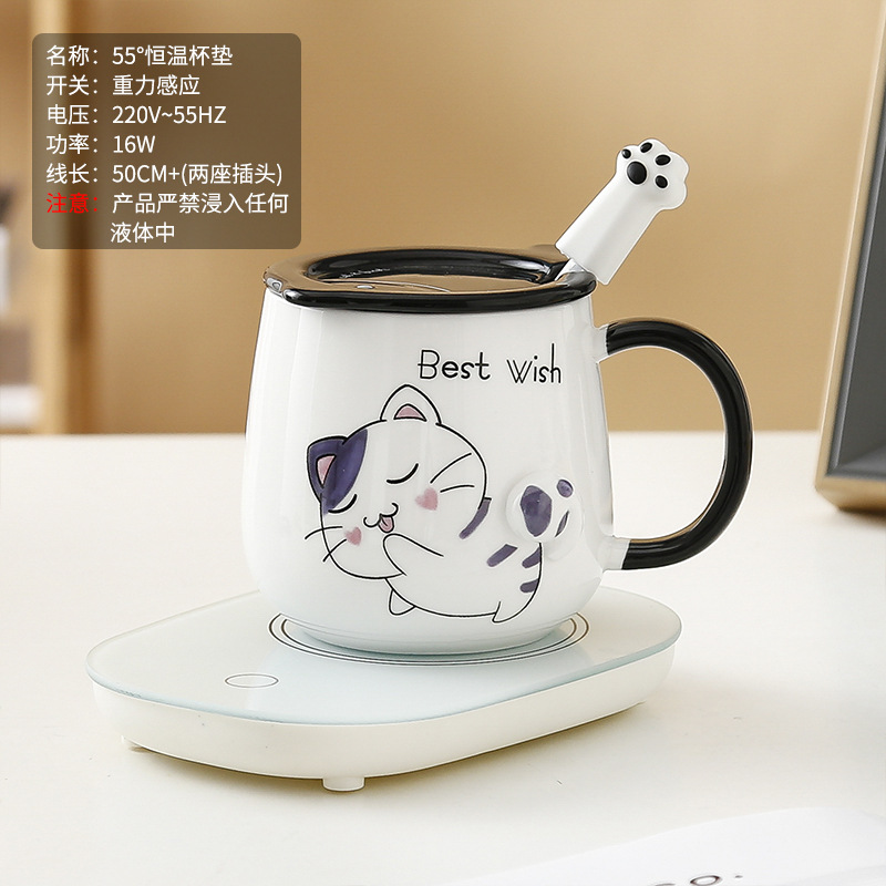 Taza de gato Mark con tapa Cuchara Taza de agua de cerámica Taza de pareja de dibujos animados de cerámica para hombres y mujeres Taza de desayuno de café de oficina