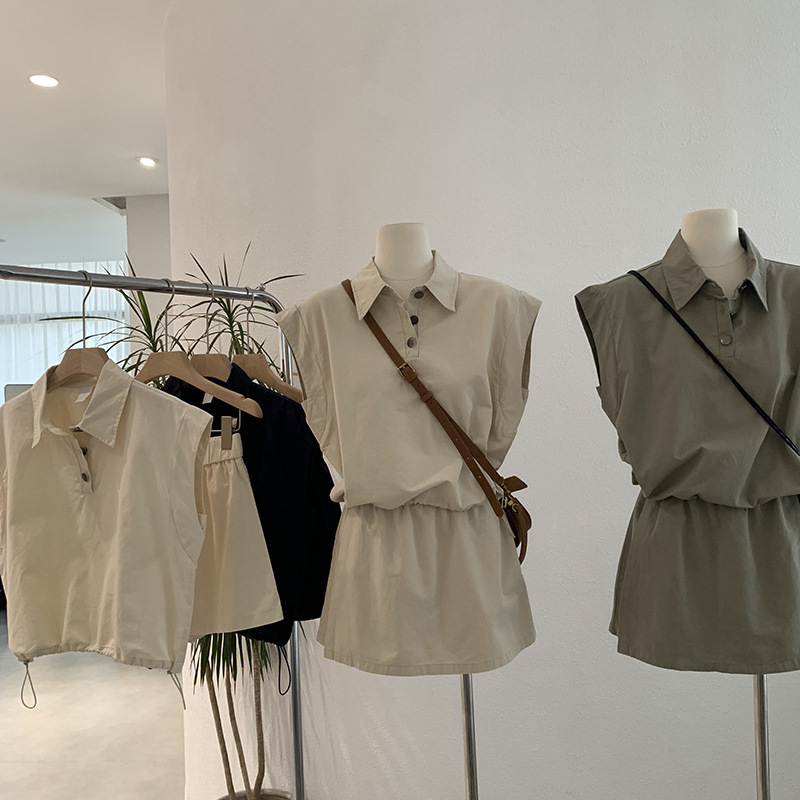 Omarlai Lapel Sleeveless Pure Color Shirt + High-Waisted Workwear Skirt and Pants Two-Piece Set Fashionable Women 3596