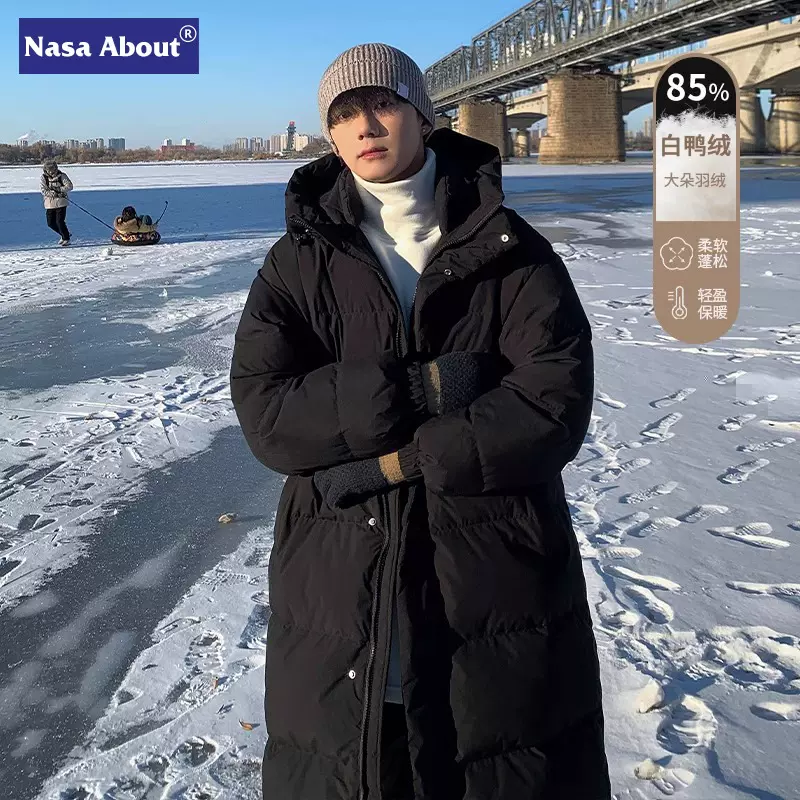 NASA白鸭绒中长款羽绒服男冬季加厚保暖过膝东北零下防寒男生外套