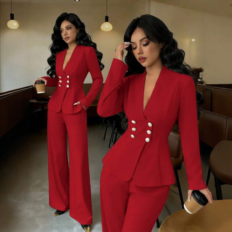 European and American Popular Style Burgundy Asymmetrical Suit Set for Women, Lapel-Less High-Waisted Wide-Leg Pants Casual Two-Piece Set