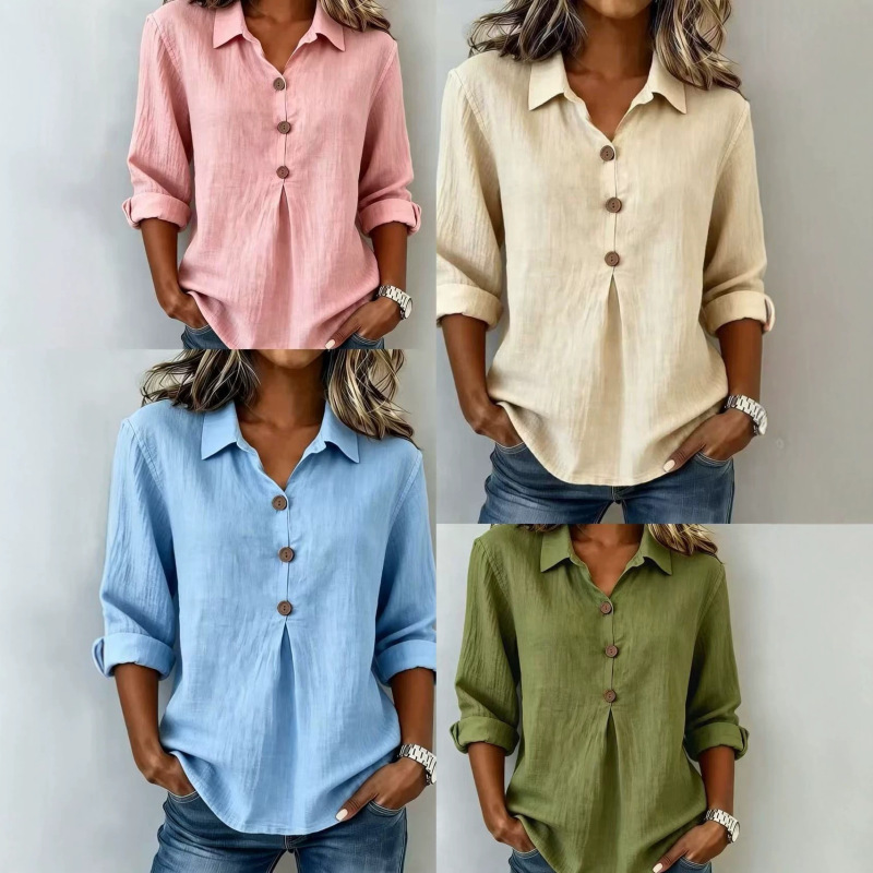 2026 New European and American Amazon Cross-Border Women's Lapel Cotton and Linen Button-Up Top Fashion Loose Long-Sleeve Shirt 2026 New European and American Amazon Cross-Border Women's Lapel Cotton and Linen Button-Up Top Fashion Loose Long-Sleeve Shirt