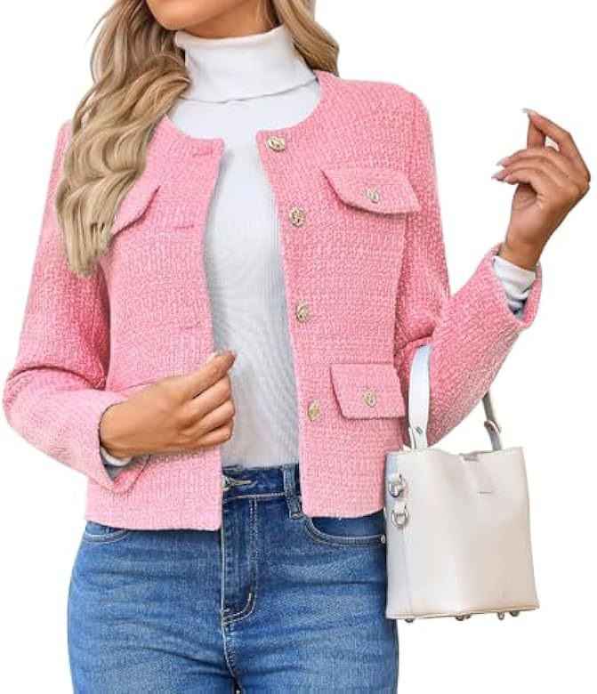 Chaqueta Corta de Tweed de Poliéster con Cuello Redondo y Botones para Trabajo image 11