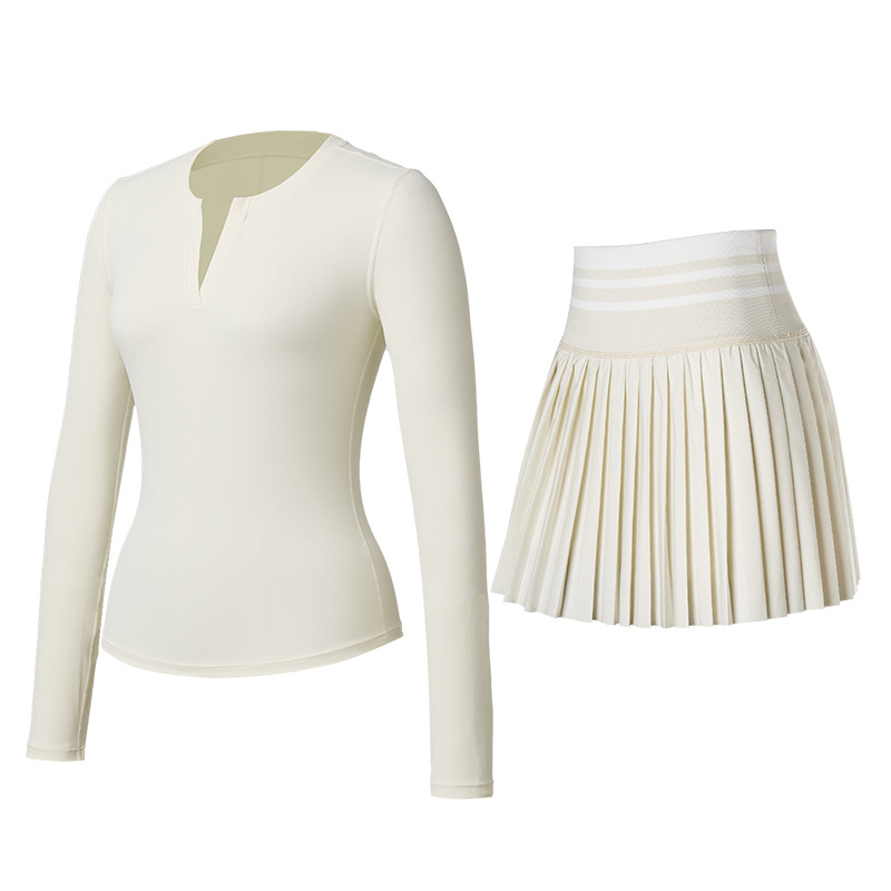 Trajes deportivos de otoño y invierno ropa de tenis ropa de yoga cuello V mangas largas anti-luz falda de tenis para correr camisetas deportivas