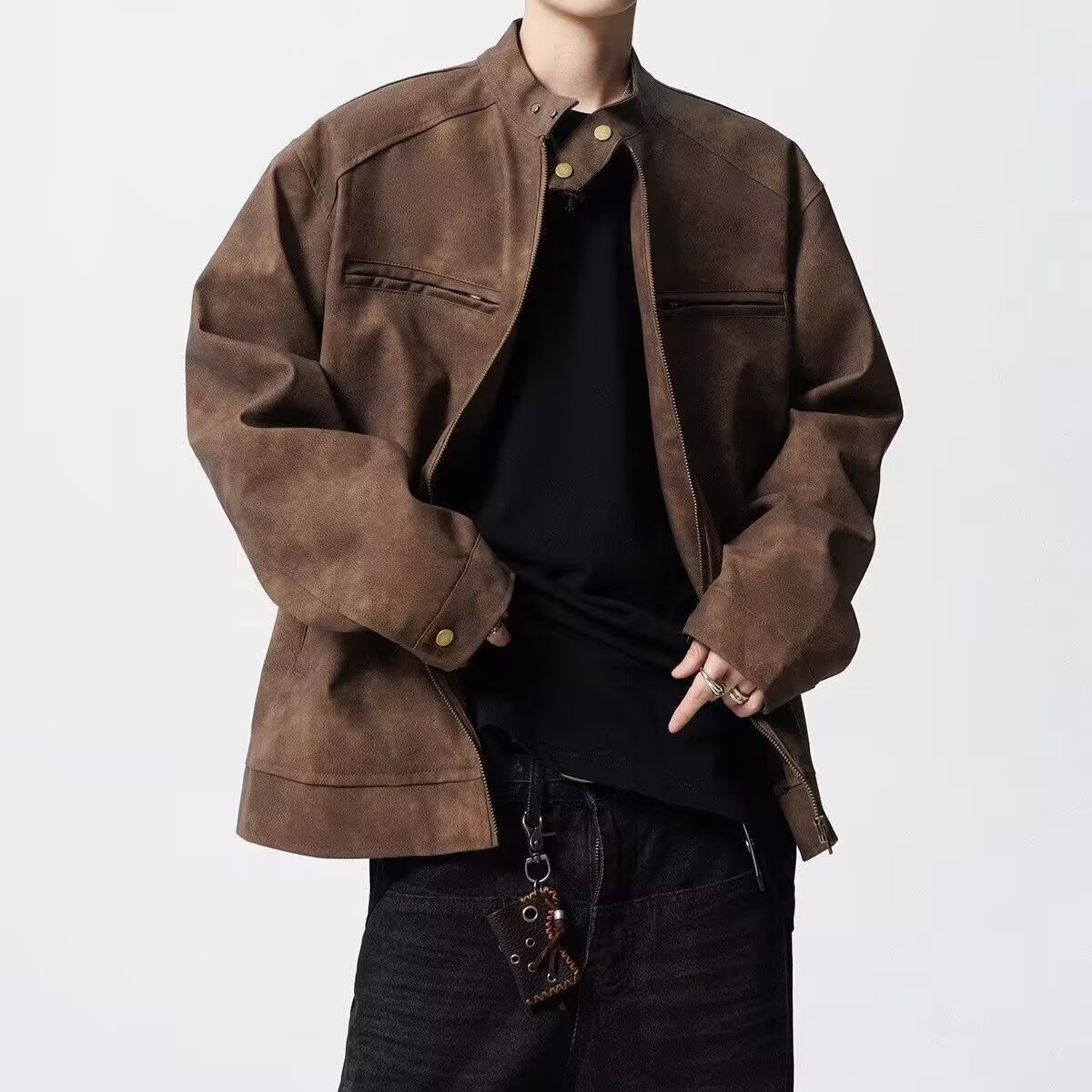 boy American Style Brown Leather For Men High-End Cleanfi Flight Loose Casual Motorcycle Jacket Men's Clothing_voghion.com