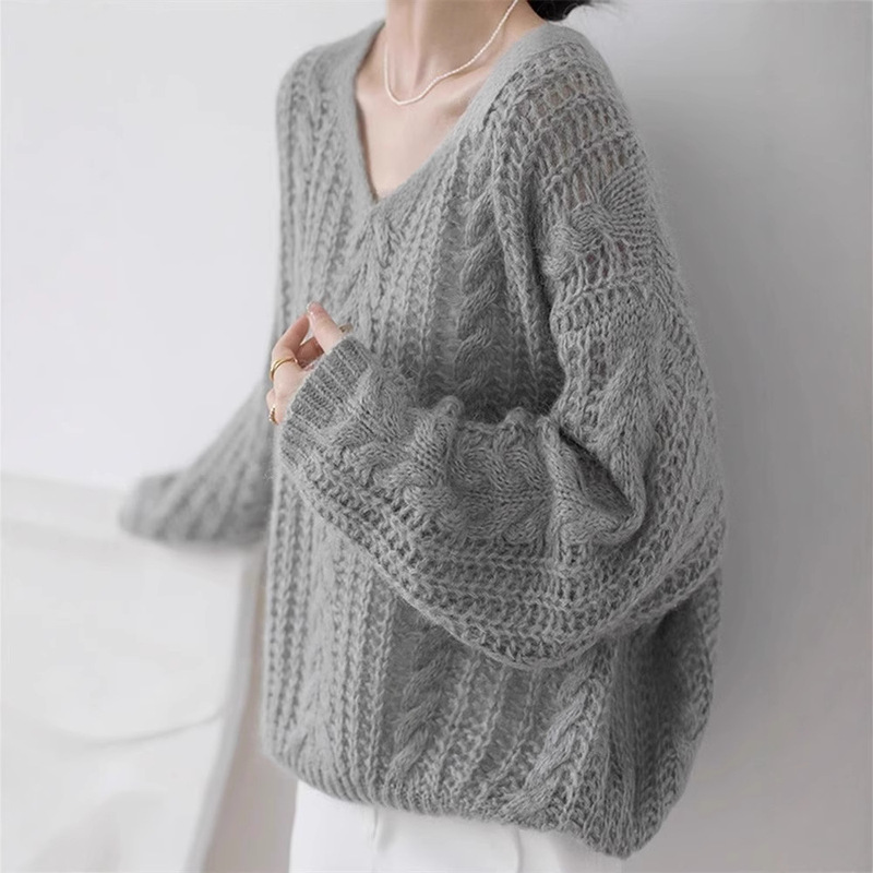 French Style Lazy Soft Waxy Mahaired Sweater Women's Spring and Autumn Gentle Elegant V-Neck Hollow Knit Top