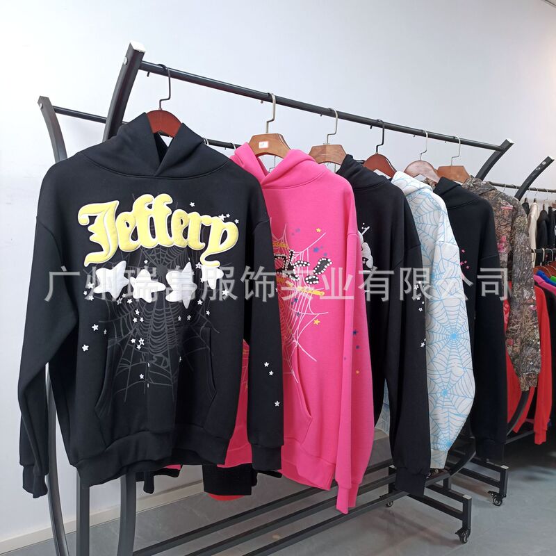 Pure Cotton Fleece-Lined Sp5Der Spider Web Print Hooded Sweatshirt for Men