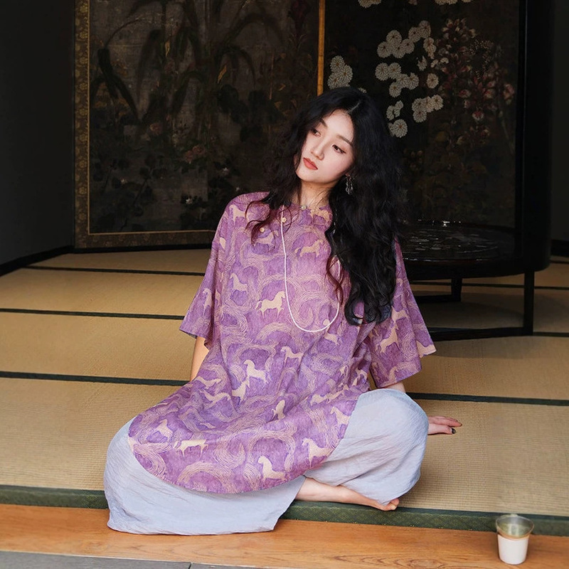 2026 Printed Long Dress New Chinese Style Loose Round Neck Long Top Pure Cotton Summer Cheongsam D0437