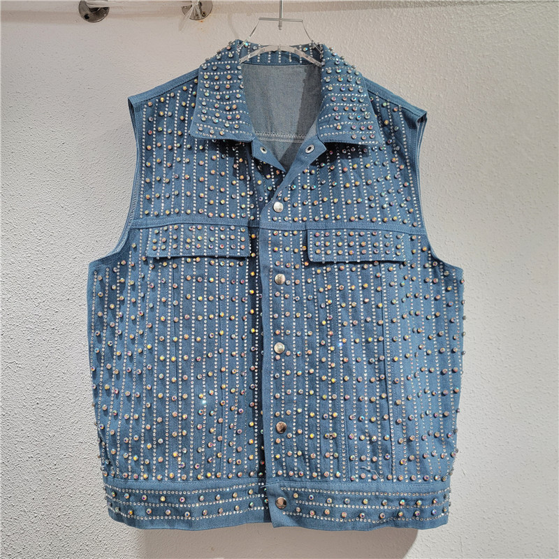Personalized Hot Drilling Nail Bead Denim Vest Jacket Women's Heavy Industry Design Sense Fashion Brand Retro Sleeveless Vest Jacket