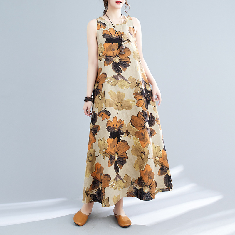 Vestido midi estampado sem mangas com gola redonda, estilo boêmio, plus size, para o verão de 2024._voghion.com