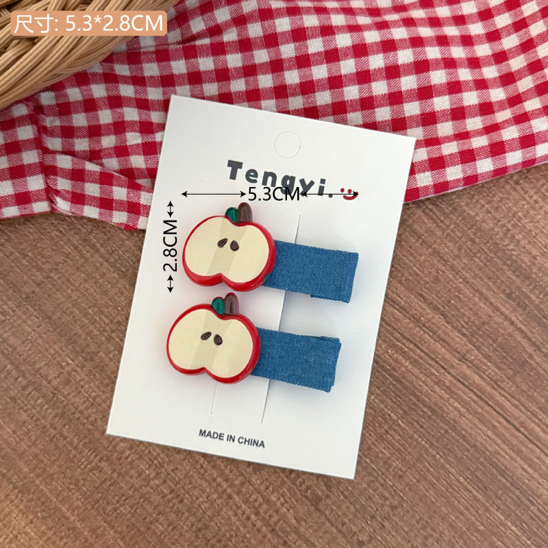 レトロデニムアップルヘアピンサイドクリップフルーツガール前髪クリップ学生多用途ヘアクリップかわいい子供のヘアアクセサリー|undefined