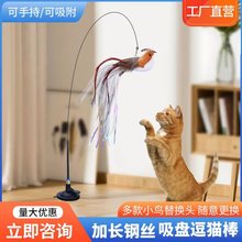 跨境仿真小鸟钢丝长杆逗猫棒羽毛替换头吸盘自嗨猫玩具宠物用品
