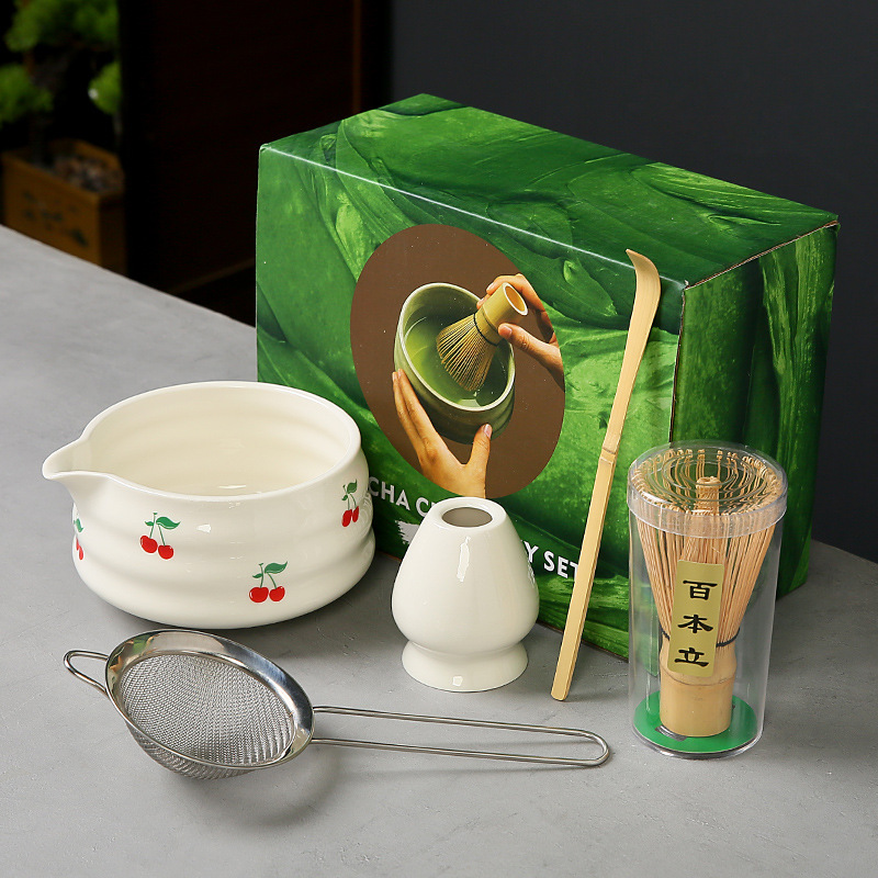 跨境抹茶碗套装樱桃蝴蝶结心形图案花纸陶瓷百本立茶筅点茶系列|undefined