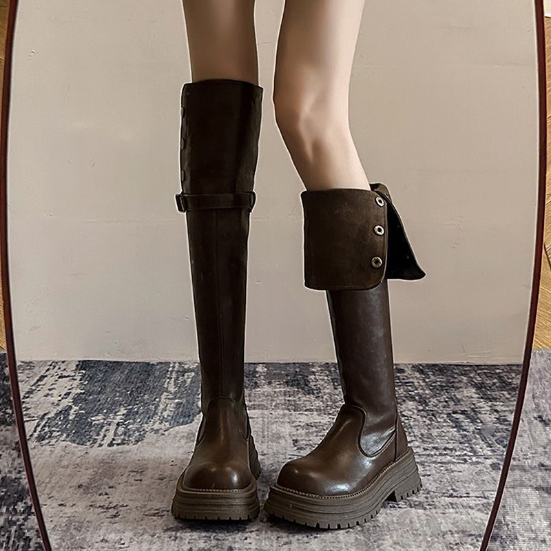 翻折两穿过膝厚底高筒骑士靴女2025秋冬新款粗跟单靴长筒靴瘦瘦靴