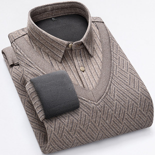 New Style Fake Two-Piece Fleece-Lined Men's Knitwear, Warm Wool Thickened Sweater with a Sweetheart Neckline for Middle-Aged and Elderly Men
