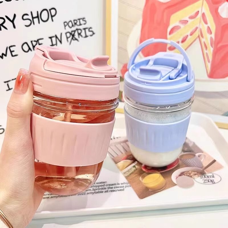 网红玻璃水杯双饮杯高颜值夏季女生咖啡杯子简约带盖吸管杯牛奶杯|undefined