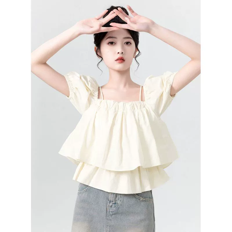 Абрикосовая рубашка-бебидолл на одно плечо с пышными рукавами для женщин, лето 2025, новый стиль, шикарная рубашка с квадратным воротником и короткими рукавами, короткий топ